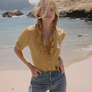 Doen Mustard Yellow Ruffled Dot Button-Up Blouse
